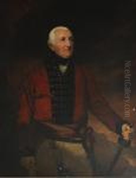 Portrait Of A Officer, 
Three-quarter Length,standing, Wearing A Scarlet Tunic And Holding A 
Sword In His Lefthand Oil Painting by Sir Joshua Reynolds