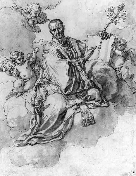 Saint Francis Xavier on Clouds holding a Lily and a Book with Putti Oil Painting by Francesco Solimena