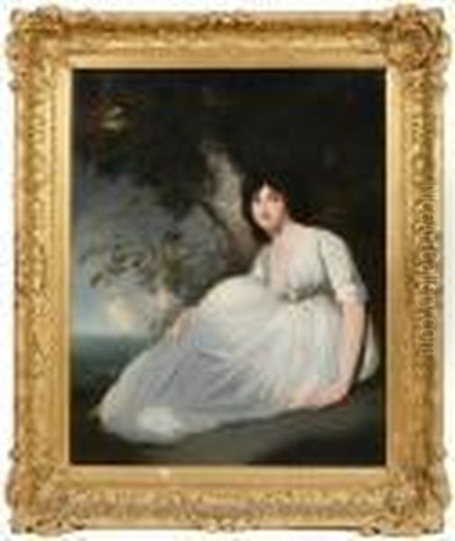 Portrait Of A Lady In White Satin Dress, Seated Under A Tree Oil Painting by Sir Joshua Reynolds