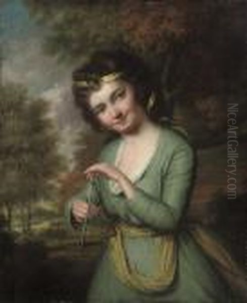 Portrait Of A Young Girl, 
Three-quarter-length, In A Blue Dress And Yellow Sash, Playing The 
Triangle, In A Landscape Oil Painting by Sir Joshua Reynolds