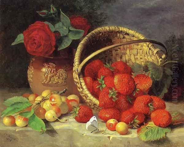 A Basket of Strawberries, Cherries, a Butterfly and Red Roses in a Vase on a Stone Ledge Oil Painting by Eloise Harriet Stannard