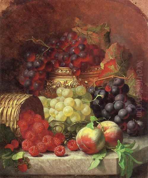 Black Grapes in a Gilt Bowl, Black and White Grapes in a Crystal Bowl, Peaches,Raspberries in a Wicker Basket and a Wasp on a Marble Ledge Oil Painting by Eloise Harriet Stannard