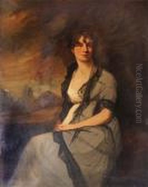 Length Portrait Of A Lady Seated Wearing A Green And Blacklace Dress Oil Painting by Sir Joshua Reynolds