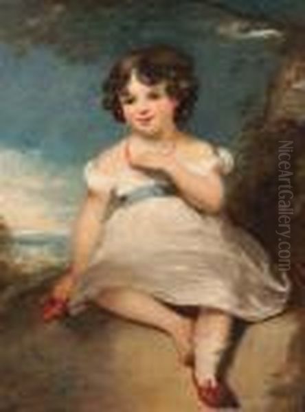 Portrait Of A Young Girl Wearing Red Shoes Seated By A Tree Stump Oil Painting by Sir Joshua Reynolds