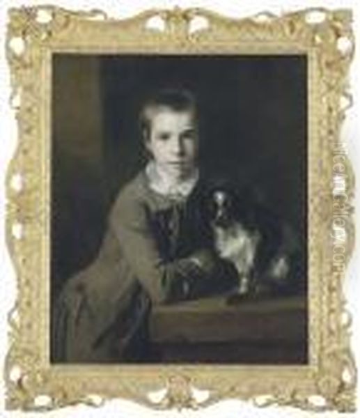 Portrait Of William Charles 
Colyear, Viscount Milsington, Later 3rdearl Of Portmore (1747-1823), 
When A Boy, Half-length, In A Greycoat, Leaning On A Table, With A 
Spaniel Oil Painting by Sir Joshua Reynolds