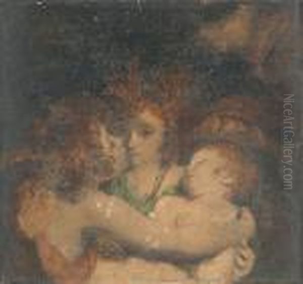 Two Children As Cupid Holding An Infant Oil Painting by Sir Joshua Reynolds