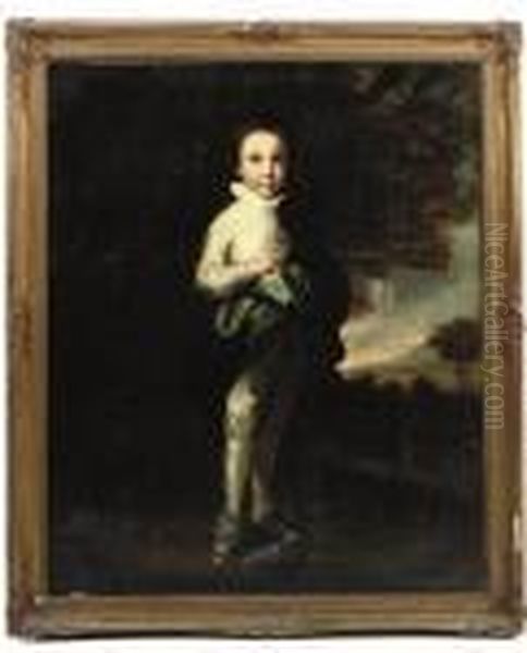 Portrait Of Jacob 
Pleydell-bouverie, 2nd Earl Of Radnor (1750-1828), As A Young Boy, 
Standing Full-length, In A White Satin Suit And A Blue Wrap, In A 
Landscape Oil Painting by Sir Joshua Reynolds