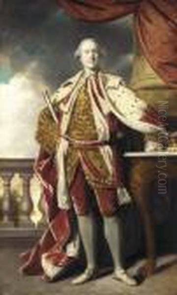 Portrait Of James Hay 
(1726-1778), 15th Earl Of Erroll, Full-length, In Coronation Robes, 
Holding The Baton Of The Lord High Constable Of Scotland, A Tree And A 
Balustrade Beyond Oil Painting by Sir Joshua Reynolds