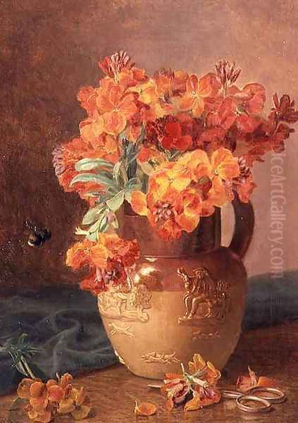 A Still Life with Wallflowers in a Stoneware Jug Oil Painting by Eloise Harriet Stannard