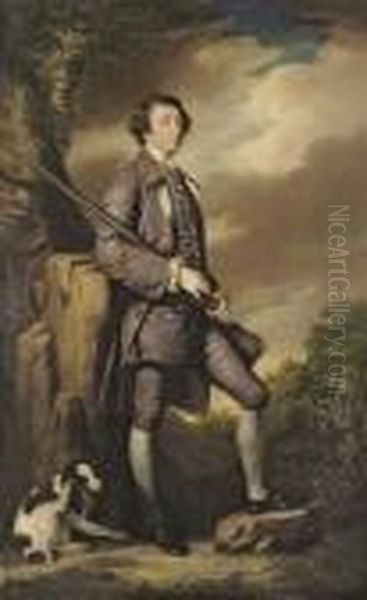 Portrait Of Philip Gell 
(1723-1795), Full-length, In A Purple Embroidered French Frock Suit, 
Holding A Gun, A Spaniel At His Feet, In A Landscape Oil Painting by Sir Joshua Reynolds