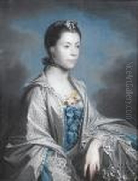 Portrait Of Frances Clopton (mrs
 John Partheriche), Half Length, In A Blue Silk Dress Trimmed With Lace
 And A White Shawl, With Flowers In Her Bosom And Hair; And Portrait Of 
John Partheriche Of Alderminster, Half Length, In A Brown Velvet Coat 
Wi Oil Painting by Sir Joshua Reynolds