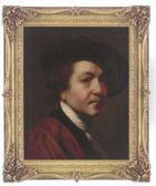 Self-portrait, Head-and-shoulders, In A Red Coat And Black Hat Oil Painting by Sir Joshua Reynolds