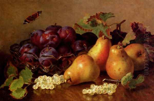 Still Life With Pears, Plums In A Glass BowlAnd White Currants On A Table Oil Painting by Eloise Harriet Stannard