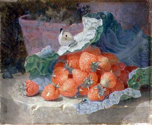 Strawberries in a Cabbage Leaf with a Flower Pot Behind, 1881 Oil Painting by Eloise Harriet Stannard