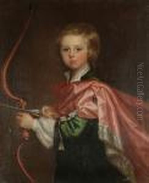 A Portrait Of A Young Boy, 
Three-quarter-length, In A Green Coat With A Salmon-pink Wrap, Holding A
 Bow And Arrow Oil Painting by Sir Joshua Reynolds