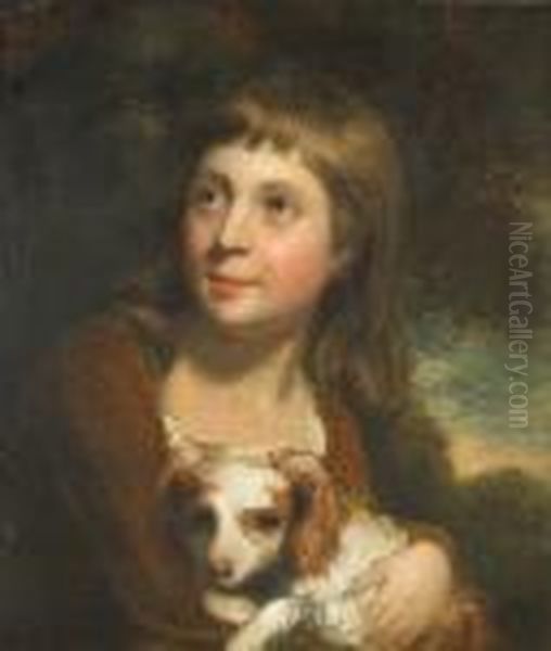 A Portrait Of A Child Holding A Spaniel Oil Painting by Sir Joshua Reynolds