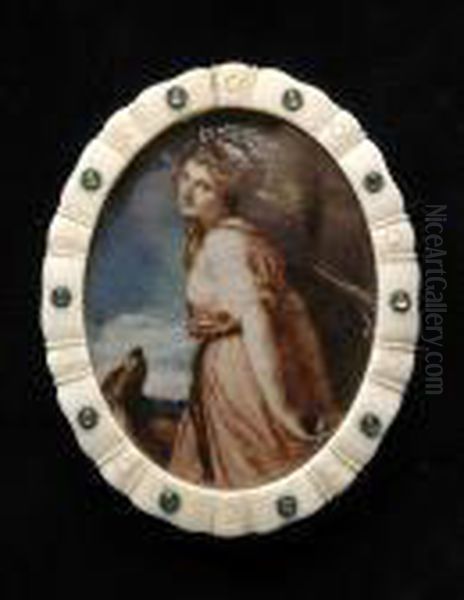 A Miniature Portrait Of Lady 
Hamilton In Flowing Pink Dress With Pink Ribbons In Her Long Flowing 
Dark Hair, Against A Sky Background Oil Painting by Sir Joshua Reynolds