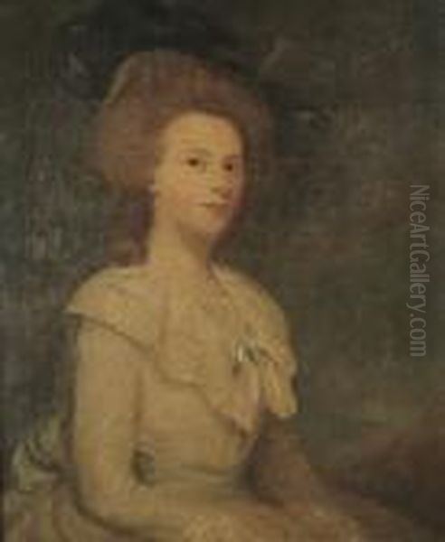 Portrait Of A Lady, Said To Be 
Miss Strachan, Half-length, In A White Dress With A Blue Ribbon And A 
Dark Blue Hat Oil Painting by Sir Joshua Reynolds