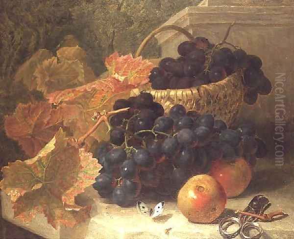 Still Life with Grapes and Scissors on a Stone Shelf Oil Painting by Eloise Harriet Stannard