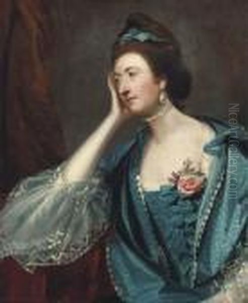 Portrait Of A Lady, Said To Be 
Miss Jane Ashton, Half-length, In Ablue Dress With White Lace Cuffs Oil Painting by Sir Joshua Reynolds