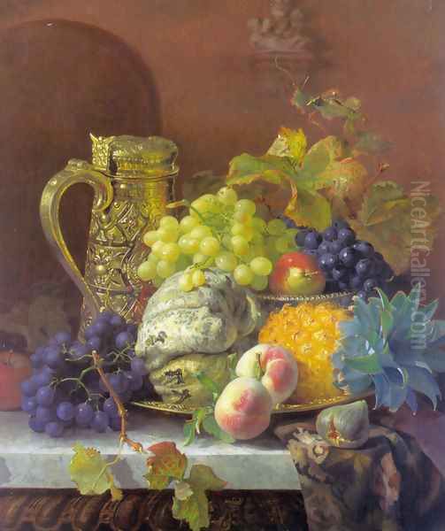 Fruits on a tray with a silver flagon on a marble ledge Oil Painting by Eloise Harriet Stannard