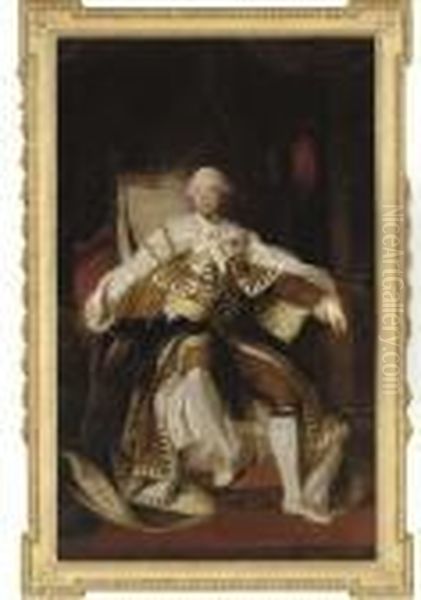 Portrait Of King George Iii, 
Full-length, Seated In The Coronationchair, In Robes Of State, Holding A
 Sceptre In His Right Hand Oil Painting by Sir Joshua Reynolds