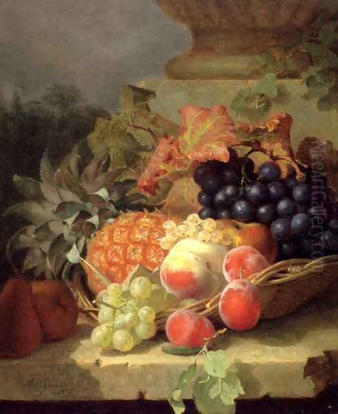 Peaches, Grapes And A Pineapple In A Basket, On A Stone Ledge Oil Painting by Eloise Harriet Stannard