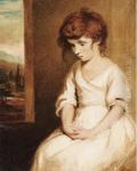 Girl Crying; And Girl Leaning On A Pedastal Oil Painting by Sir Joshua Reynolds