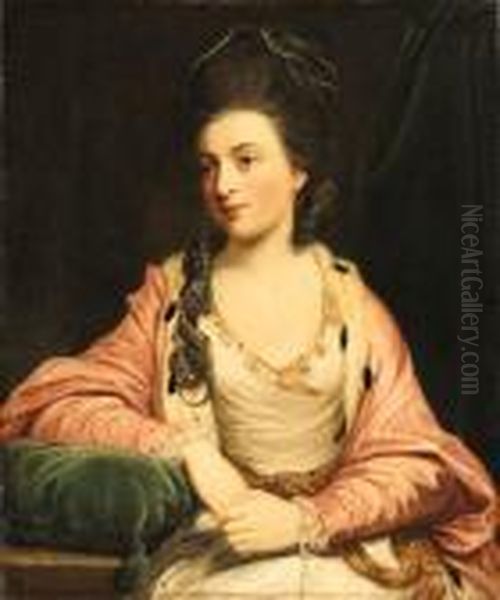 Portrait Of A Lady, Said To Be 
Marchesa Castiglione, Seatedthree-quarter Length, Wearing A White Dress 
With An Ermine-linedpink Robe Oil Painting by Sir Joshua Reynolds