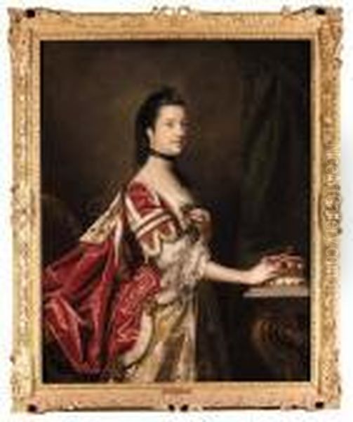 Portrait Of Elizabeth, Duchess 
Of Northumberland,three-quarter-length, In Coronation Robes, Her Right 
Hand Restingon Her Coronet, By A Draped Curtain Oil Painting by Sir Joshua Reynolds