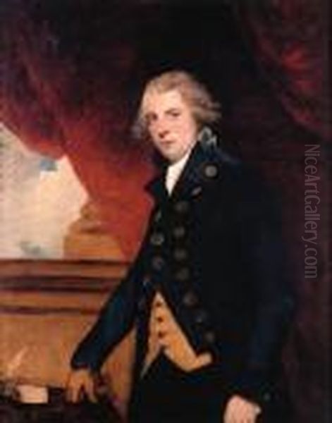 Portrait Of Richard Brinsley 
Sheridan, Three-quarter-length, In Ablue Coat And Yellow Waistcoat, 
Against A Red Curtain Oil Painting by Sir Joshua Reynolds