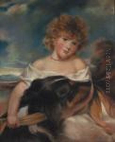 A Portrait Of The Honourable 
Leicester Fitzroy Stanhope, Seated,half-length Holding A Dog Oil Painting by Sir Joshua Reynolds