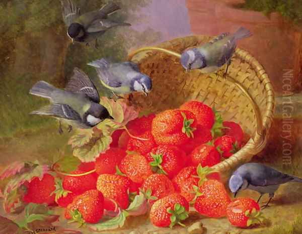 Still Life with Strawberries and Bluetits Oil Painting by Eloise Harriet Stannard