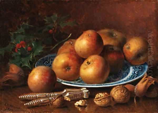 Apples on a willow-pattern plate, holly, walnuts, hazlenuts and a nutcracker Oil Painting by Eloise Harriet Stannard