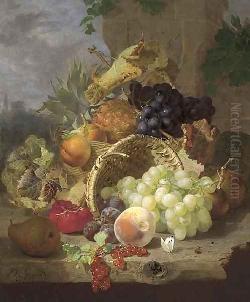 Apples, a pineapple and black grapes in a basket, beside an upturned basket with a pear, plums, redcurrants, a peach, white grapes Oil Painting by Eloise Harriet Stannard