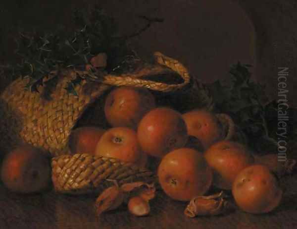 Cobnuts, holly and apples in a wicker basket, on a wooden ledge Oil Painting by Eloise Harriet Stannard