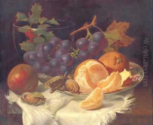 An apple, black grapes, two oranges and cob nuts on oriental plate, with holly in a glass vase, on a wooden table Oil Painting by Eloise Harriet Stannard