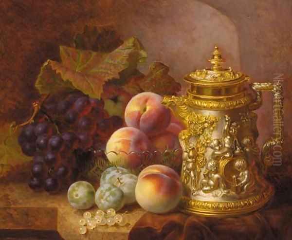 Black grapes, peaches, greengages and whitecurrants beside an ornamental gilded tankard with bacchanalian decoration Oil Painting by Eloise Harriet Stannard