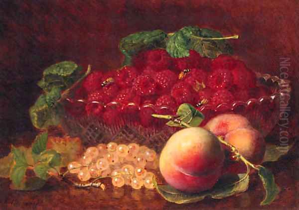 Peaches, Whitecurrants, Raspberries in a glass Bowl, and Wasps Oil Painting by Eloise Harriet Stannard