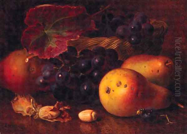 Pears, Cobnuts, Grapes in a wicker Basket, and a Wasp Oil Painting by Eloise Harriet Stannard