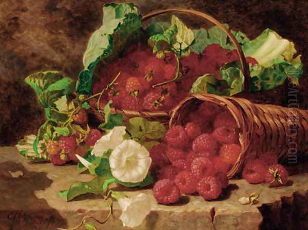 Raspberries in wicker baskets and nasturtiums on a stone ledge Oil Painting by Eloise Harriet Stannard