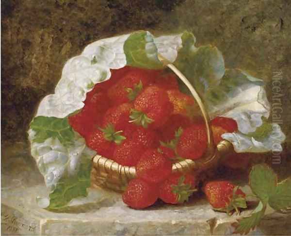 Strawberries and cabbage leaf in a wicker basket Oil Painting by Eloise Harriet Stannard