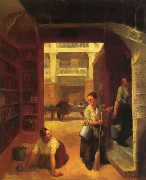 Scrubwoman, Astor Library Oil Painting by John Sloan