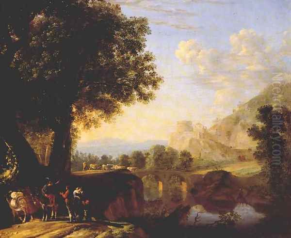 Italian Landscape with Bridge and Castle 1640s Oil Painting by Herman Van Swanevelt