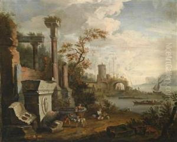 A Southern Seaport With Roman Ruins Oil Painting by Marco Ricci