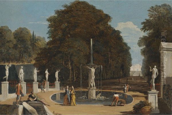 A Landscape With Figures Conversing In A Park Beside A Fountain Oil Painting by Marco Ricci