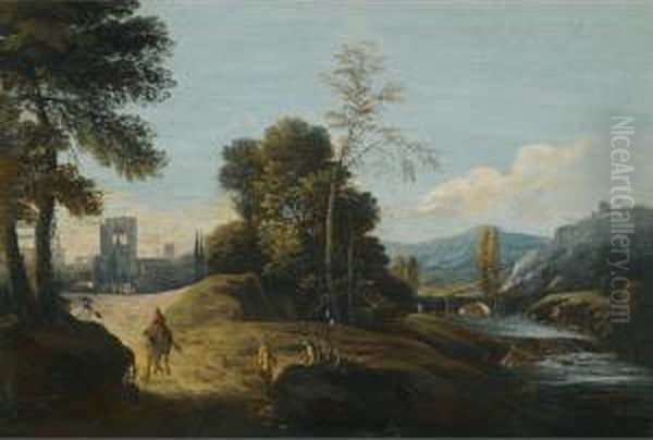 A Lacustrine Landscape With A Herder And His Animals Resting By The Water, A Town Beyond Oil Painting by Marco Ricci