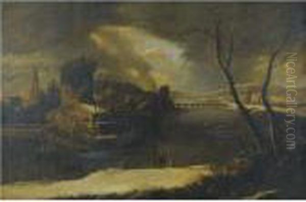 An Extensive Winter Landscape 
With A Frozen River, A Town In Theright Distance, Workers Repairing A 
Watermill And Travellers Alonga Path In The Foreground Oil Painting by Marco Ricci