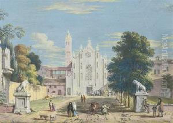 View Of A Gothic Church With Figures In Procession Outside Thedoor Oil Painting by Marco Ricci