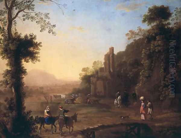 Landscape with ruins and passersby Oil Painting by Herman Van Swanevelt